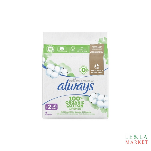 Serviettes Hygiéniques avec ailettes 100% coton Bio long Taille 2 Always x9