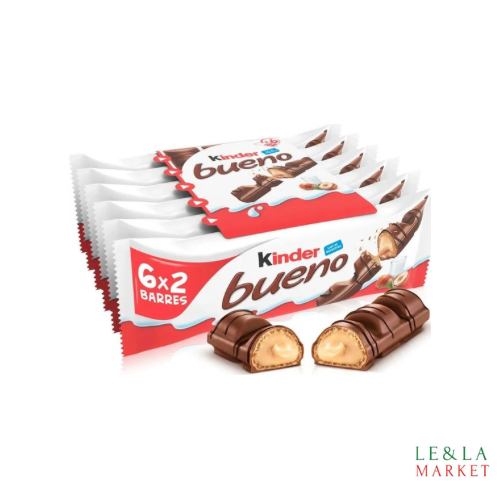 Kinder Bueno gaufrettes enrobées de chocolat au lait, fourrées lait et noisettes broyées  6x2 (258g)