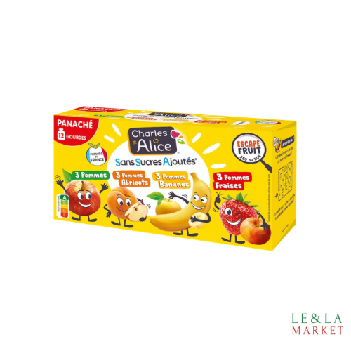 Panaché gourdes pommes, p-abricots, p-bananes, p-fraises Charles&Alice 12x90g